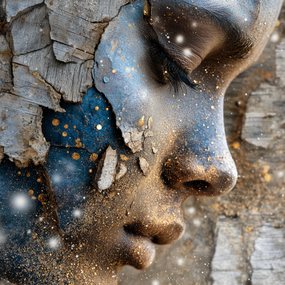 Face as archive. Repository of every storm, every freeze, every heat that warped the surface. Wood splinters. Paint peels. Gold flakes. Ice forms and melts. These are not signs of damage but the record of what was survived. 
Patina is not deterioration. It is authentication. What museums preserve as priceless in oxidized bronze and aged frescoes, this work asks us to recognize in human resilience.

Available sizes: 30" × 30", 36" × 36", 48" × 48"
Print options: Aluminum metal print or acrylic face-mount
Edition: Limited to 25 numbered prints